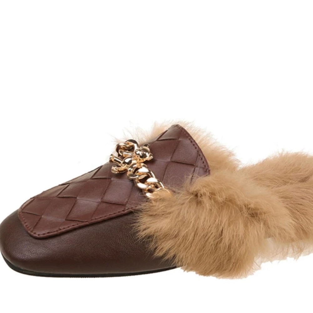 Super Cute Brown Leather w/Fur Mules